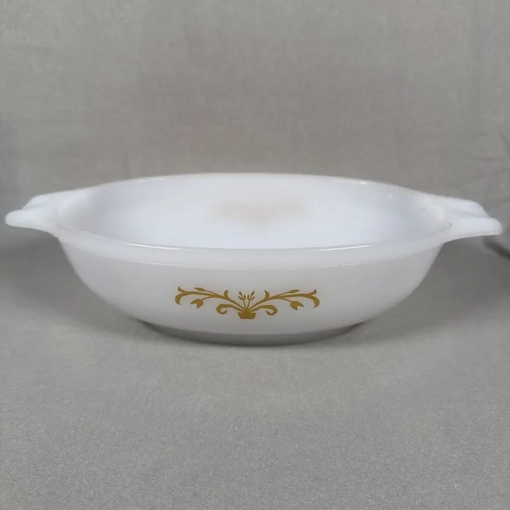 Vintage Glasbake J2274 1QT Casserole Dish Gold White Milk Glass Oval Small Nicks